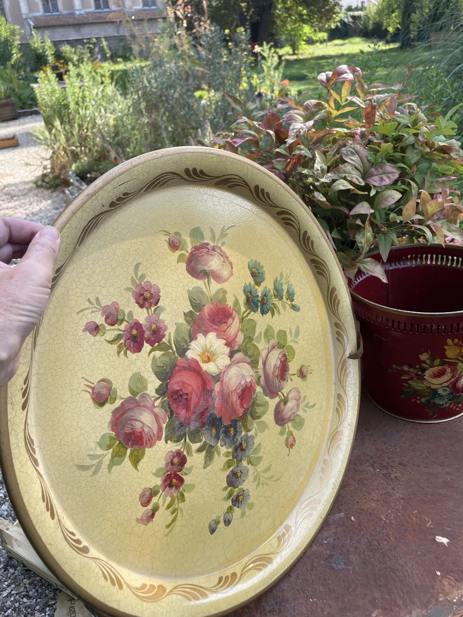 Painted Sheet Metal Tray Decorated With A Bouquet Of Flowers-photo-5