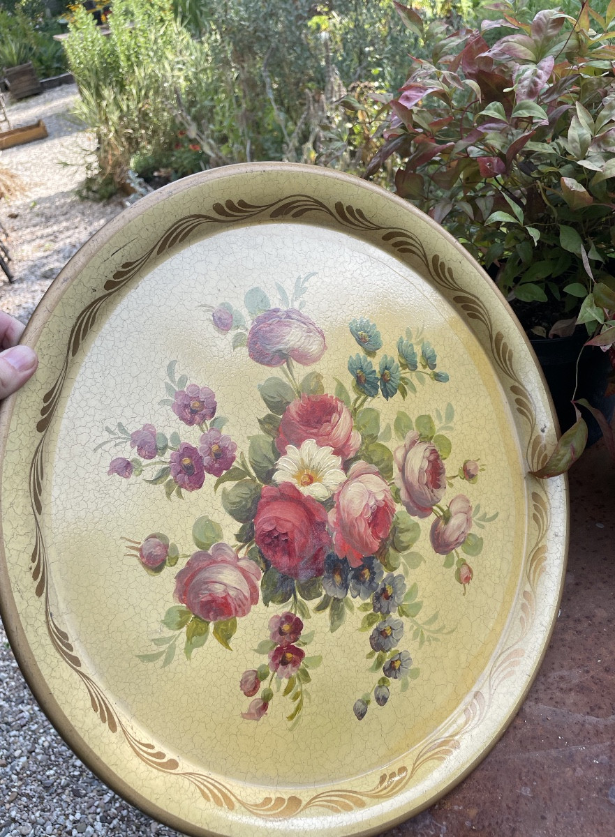 Painted Sheet Metal Tray Decorated With A Bouquet Of Flowers
