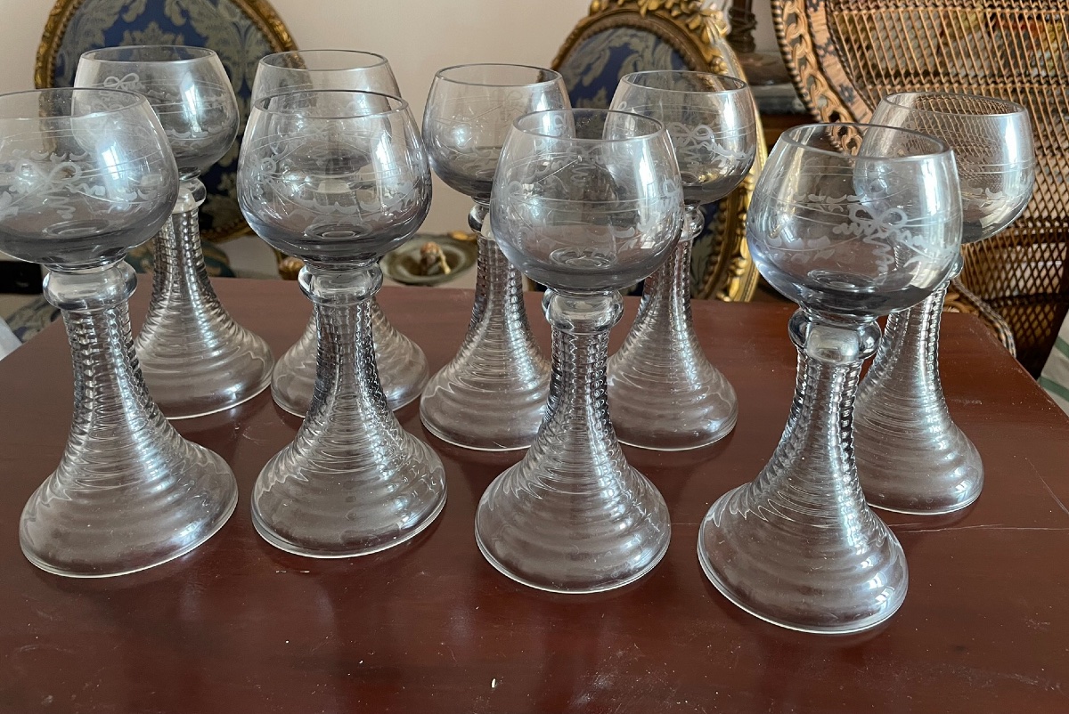 Set Of 9 Roemer White Wine Glasses, Hollow Legs-photo-2