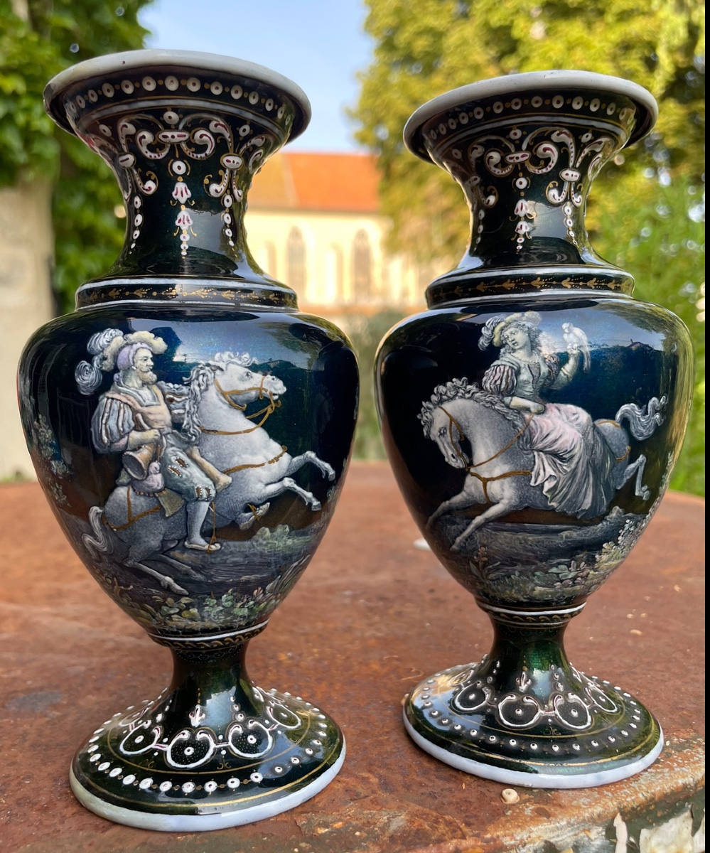 The Pair Of Small Enamelled Vases With Renaissance Decor 