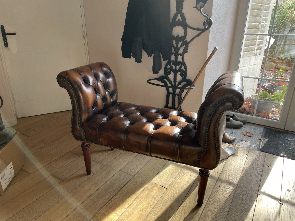 Chesterfield Window Seat Bench In Cognac Leather.-photo-2