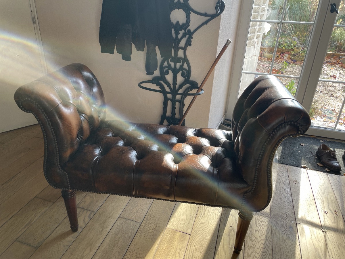 Chesterfield Window Seat Bench In Cognac Leather.-photo-3