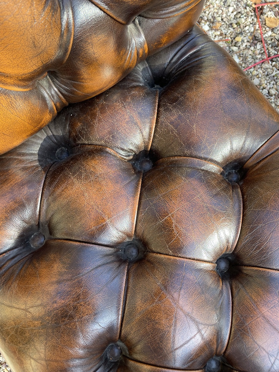 Chesterfield Window Seat Bench In Cognac Leather.-photo-1