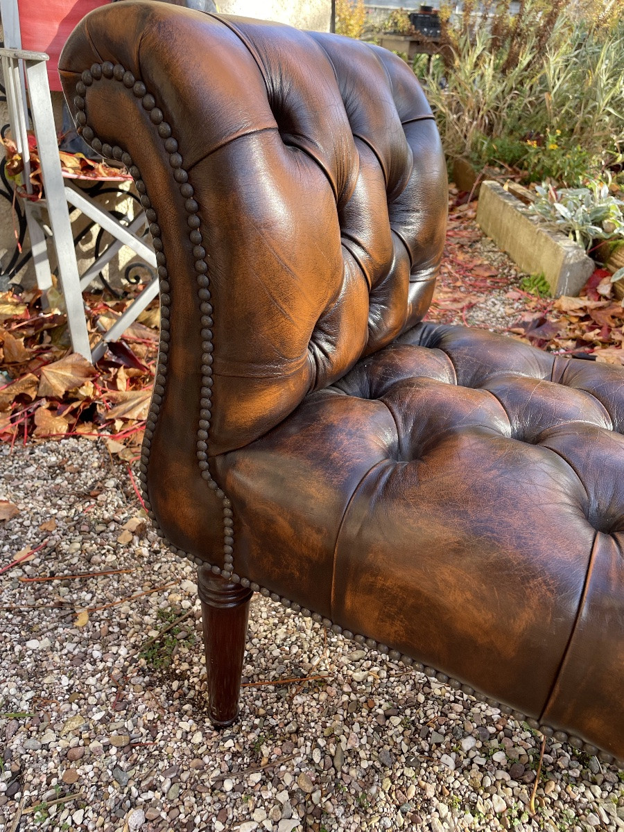 Chesterfield Window Seat Bench In Cognac Leather.-photo-3