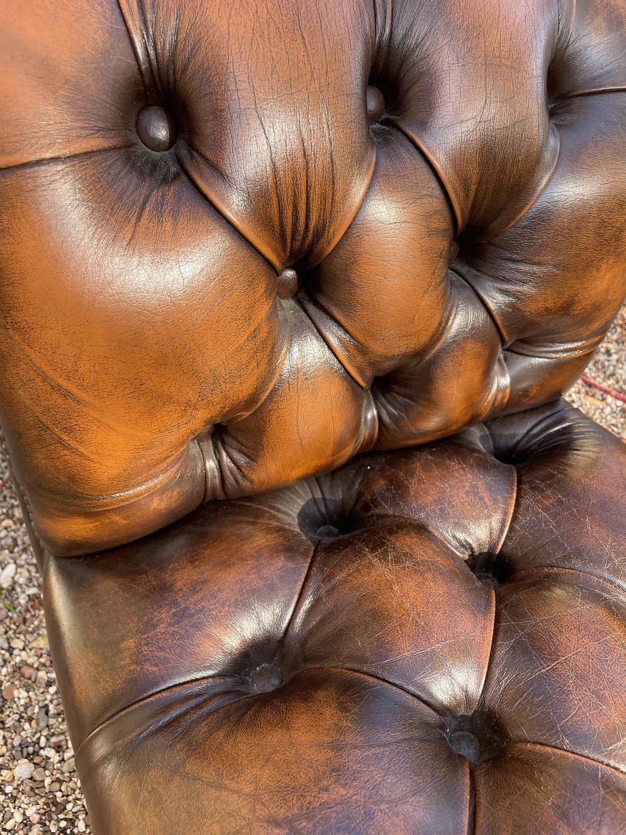 Chesterfield Window Seat Bench In Cognac Leather.-photo-4