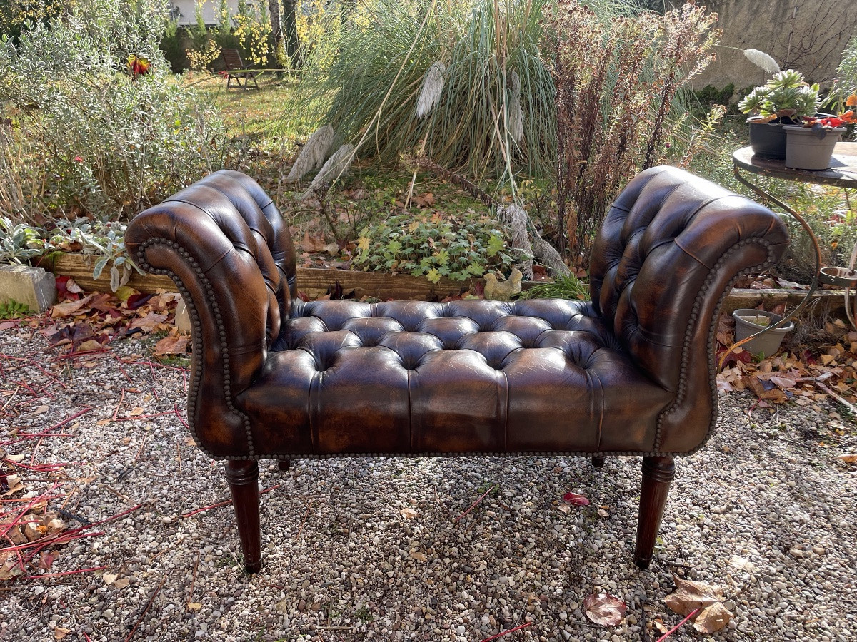 Chesterfield Window Seat Bench In Cognac Leather.-photo-8