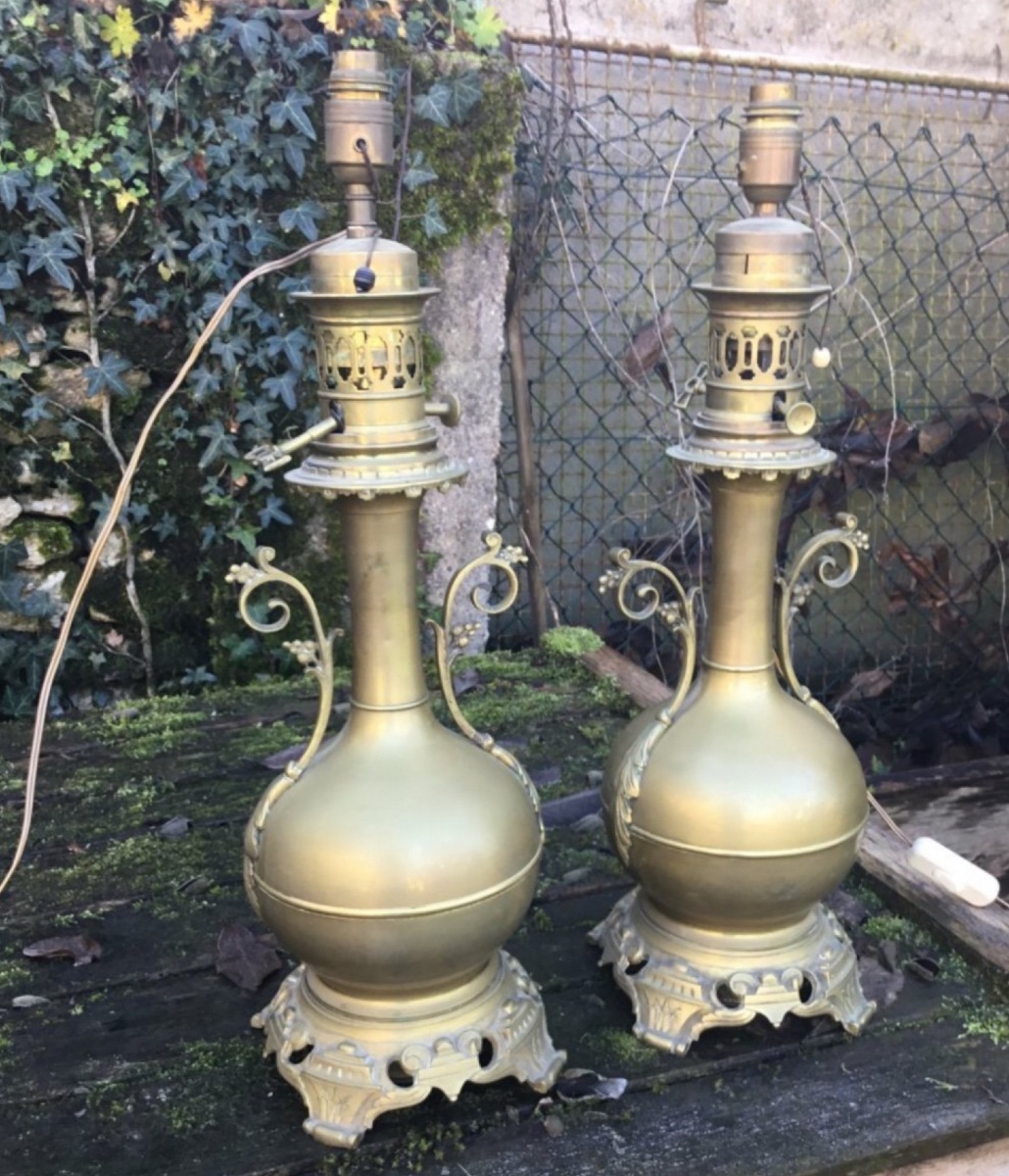 Pair Of Large Gilt Brass Oil Lamps, Napoleon III-photo-2