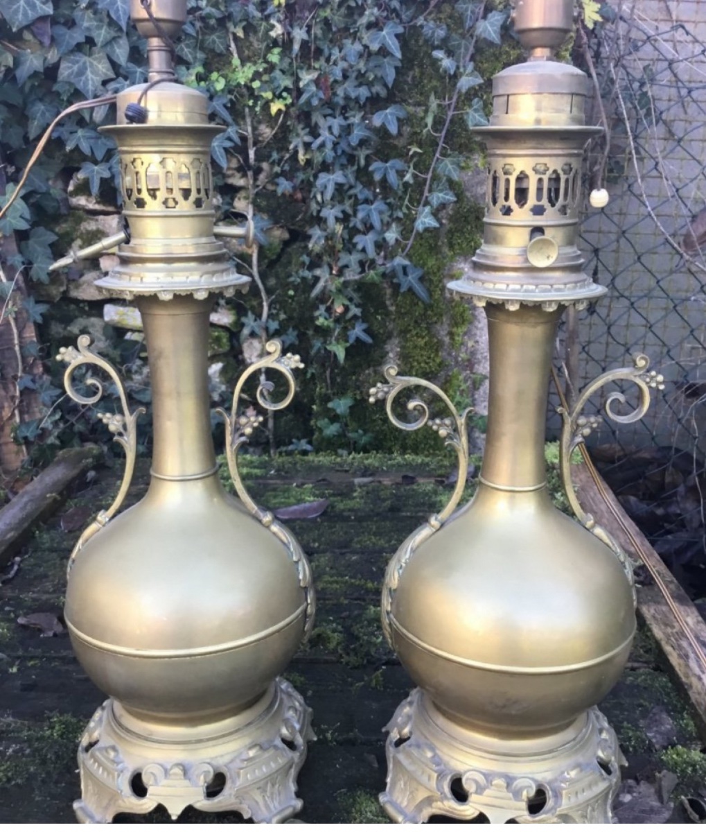 Pair Of Large Gilt Brass Oil Lamps, Napoleon III-photo-3
