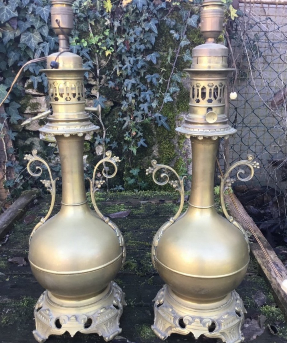 Pair Of Large Gilt Brass Oil Lamps, Napoleon III-photo-4