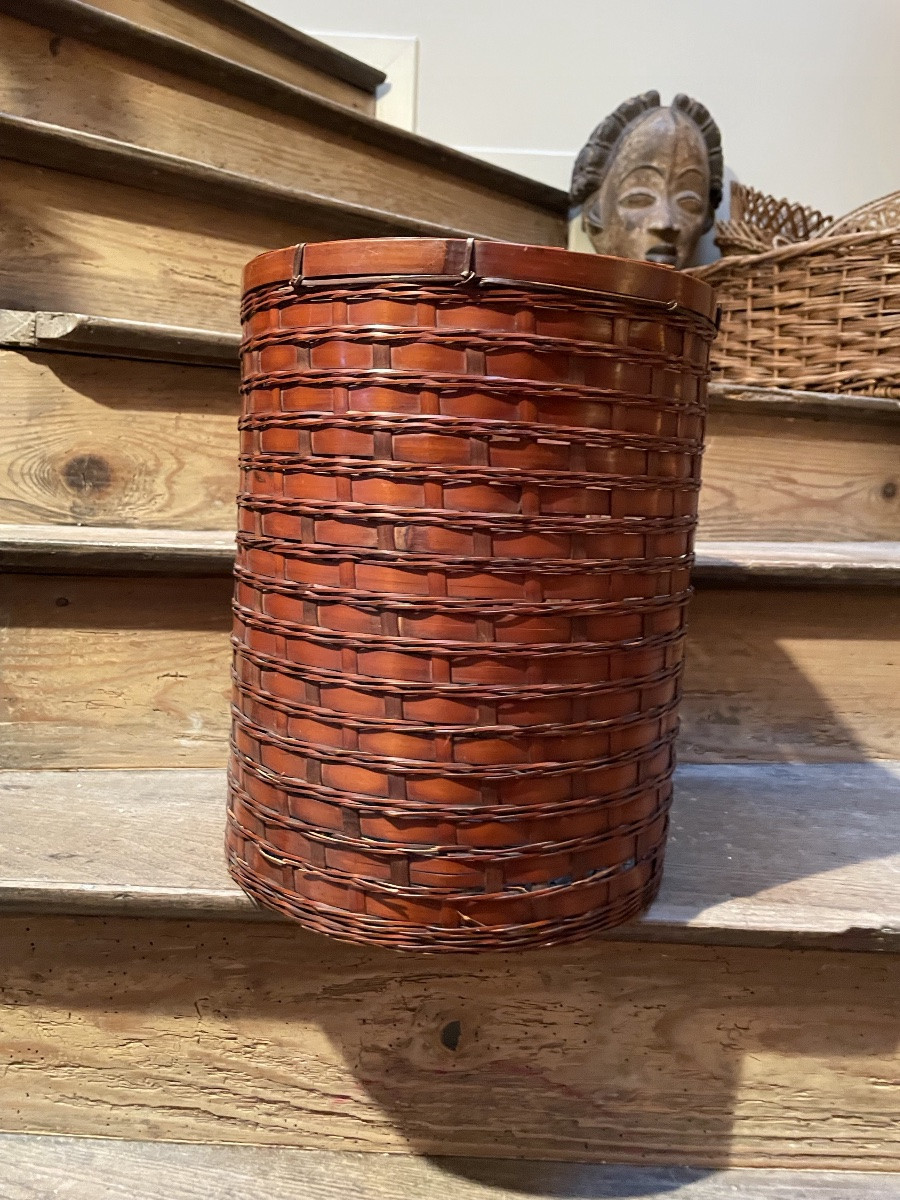 Japanese Basket Made Of Woven Bamboo, Signed -photo-3