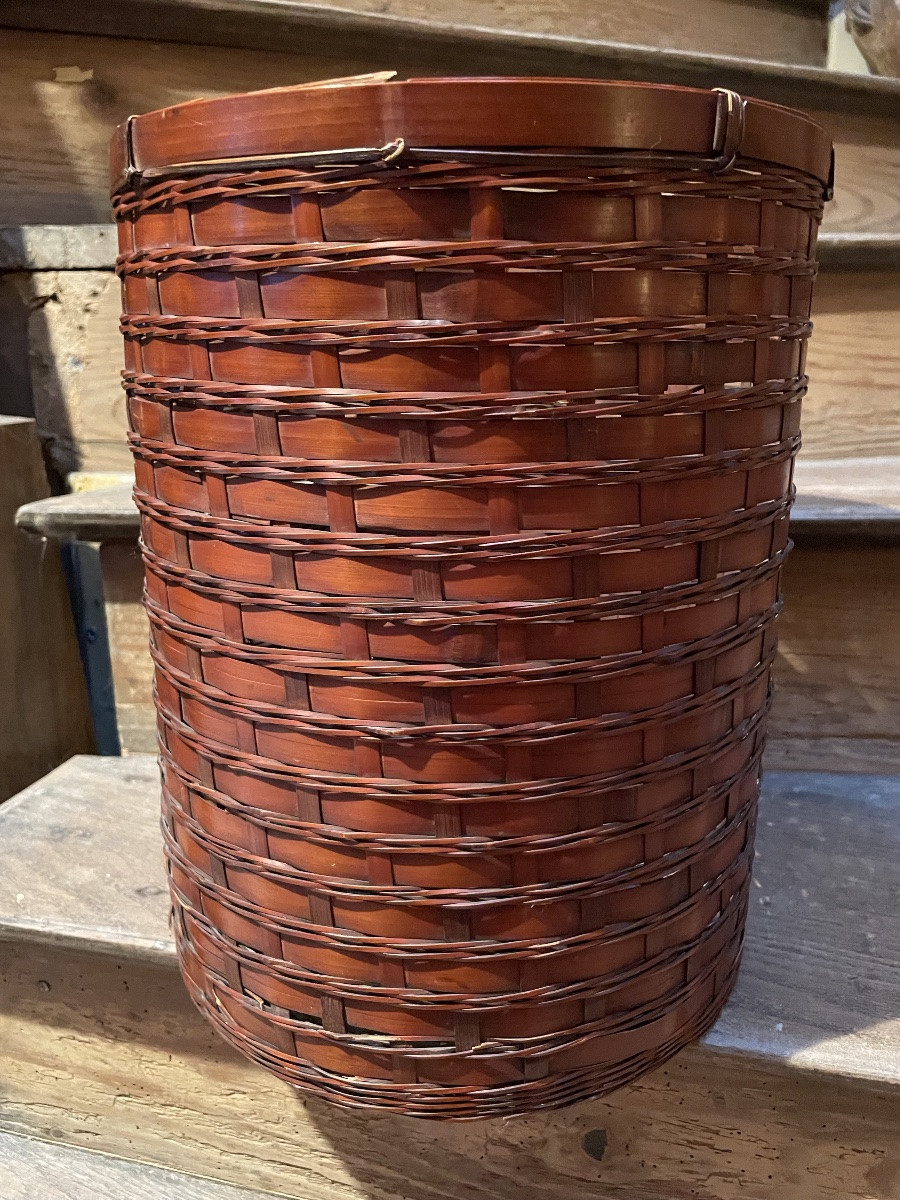 Japanese Basket Made Of Woven Bamboo, Signed -photo-3
