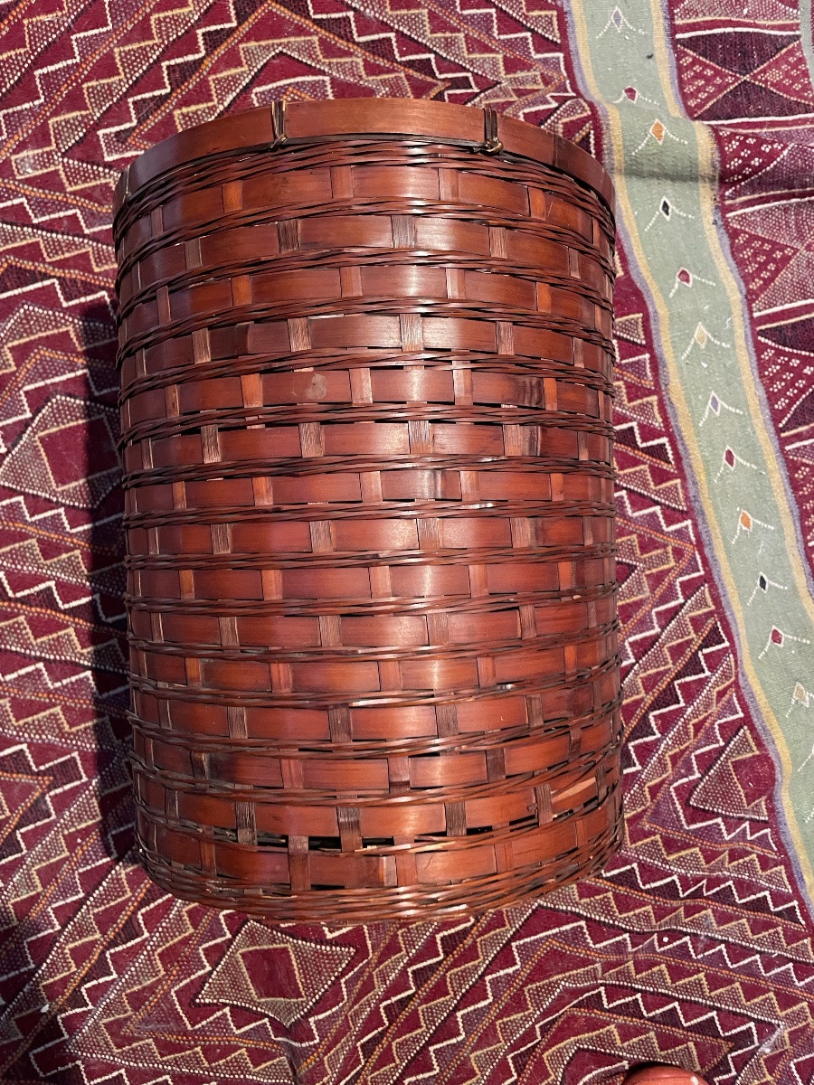 Japanese Basket Made Of Woven Bamboo, Signed -photo-6
