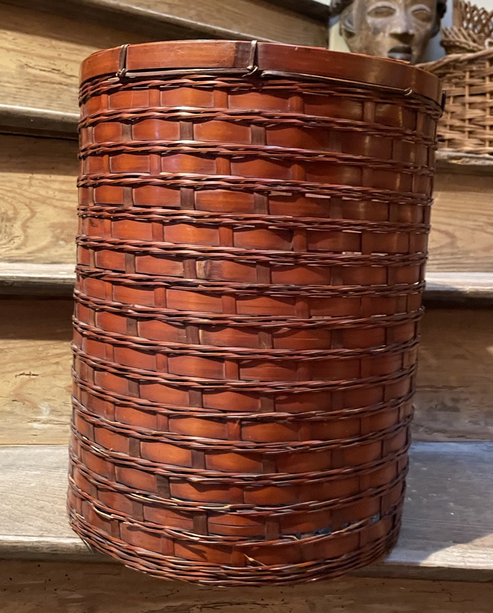Japanese Basket Made Of Woven Bamboo, Signed 