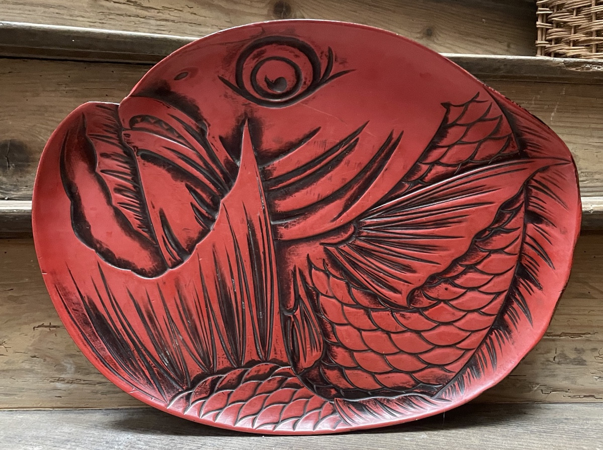 Japanese Red Lacquer Tray Depicting A Fish 