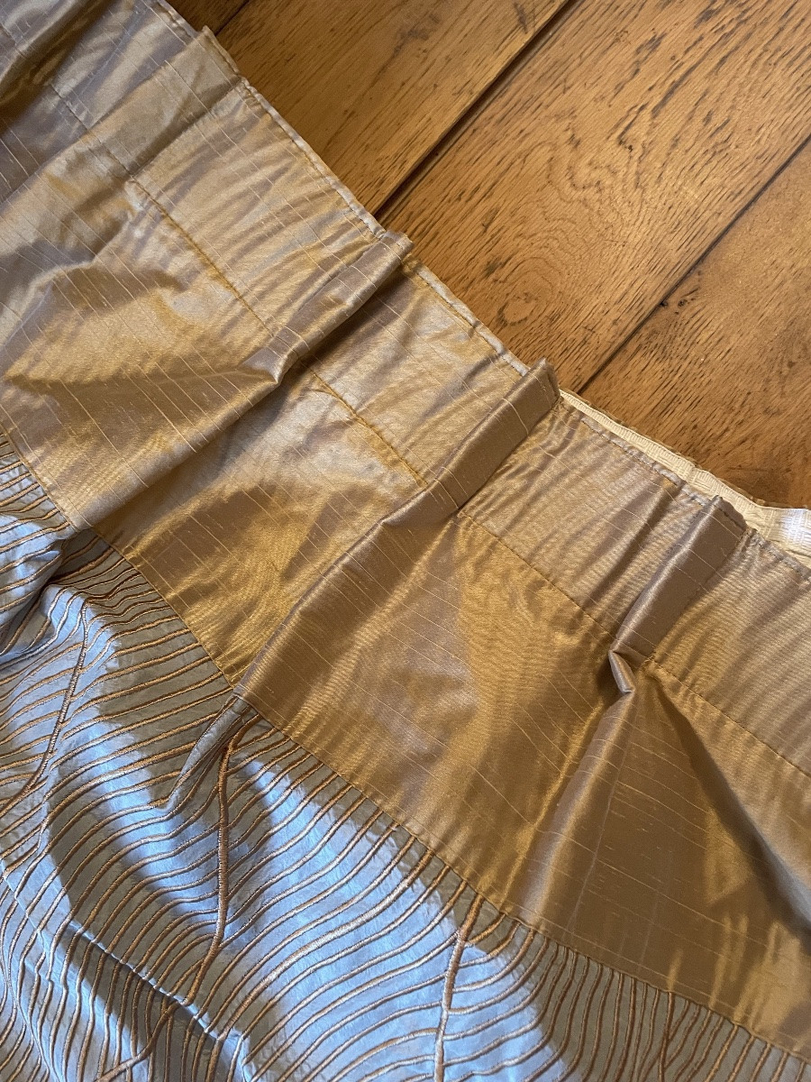 Le grand double  rideau en soie sauvage Or et bleu -photo-5