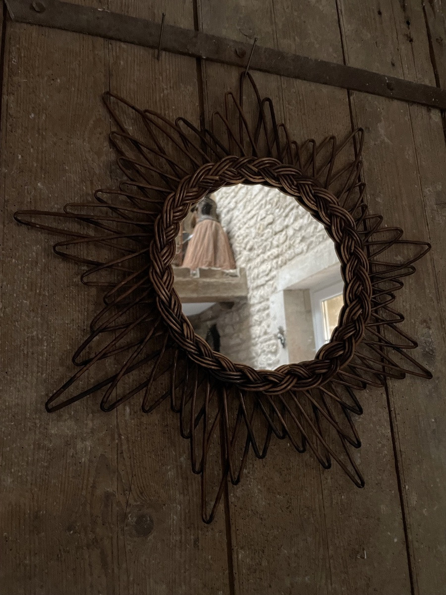 Miroir Soleil en osier tressé des années 50-photo-2