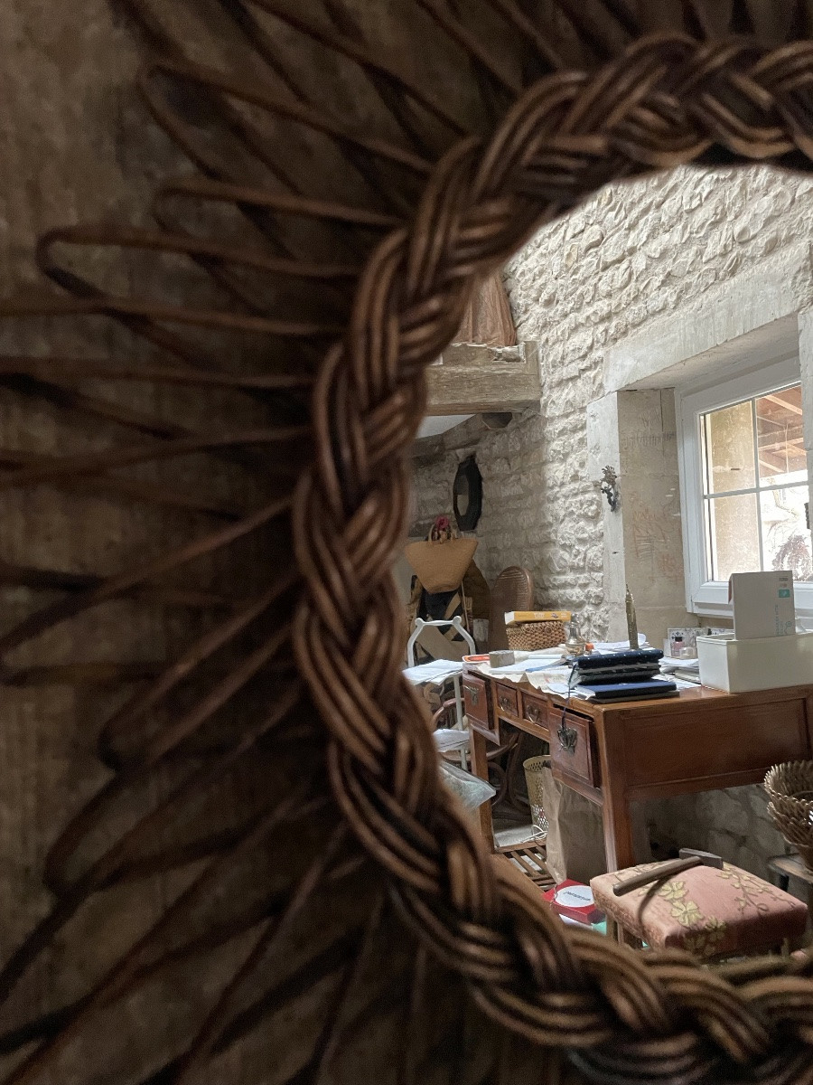 Miroir Soleil en osier tressé des années 50-photo-4