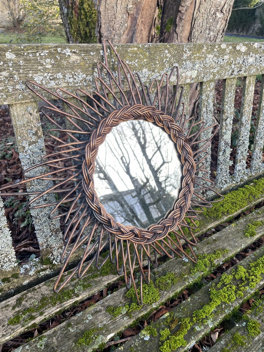 Miroir Soleil en osier tressé des années 50-photo-1