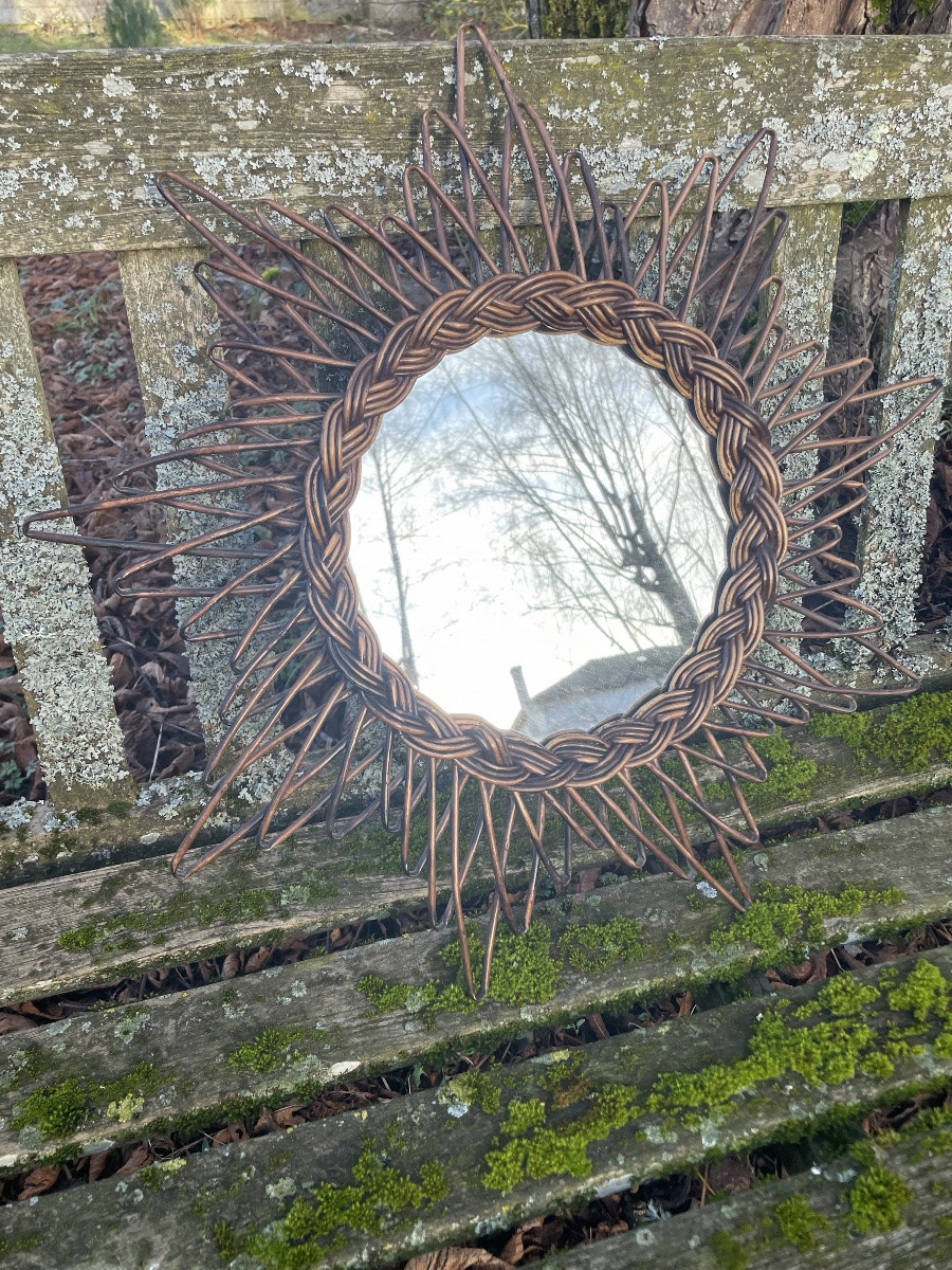Miroir Soleil en osier tressé des années 50-photo-2