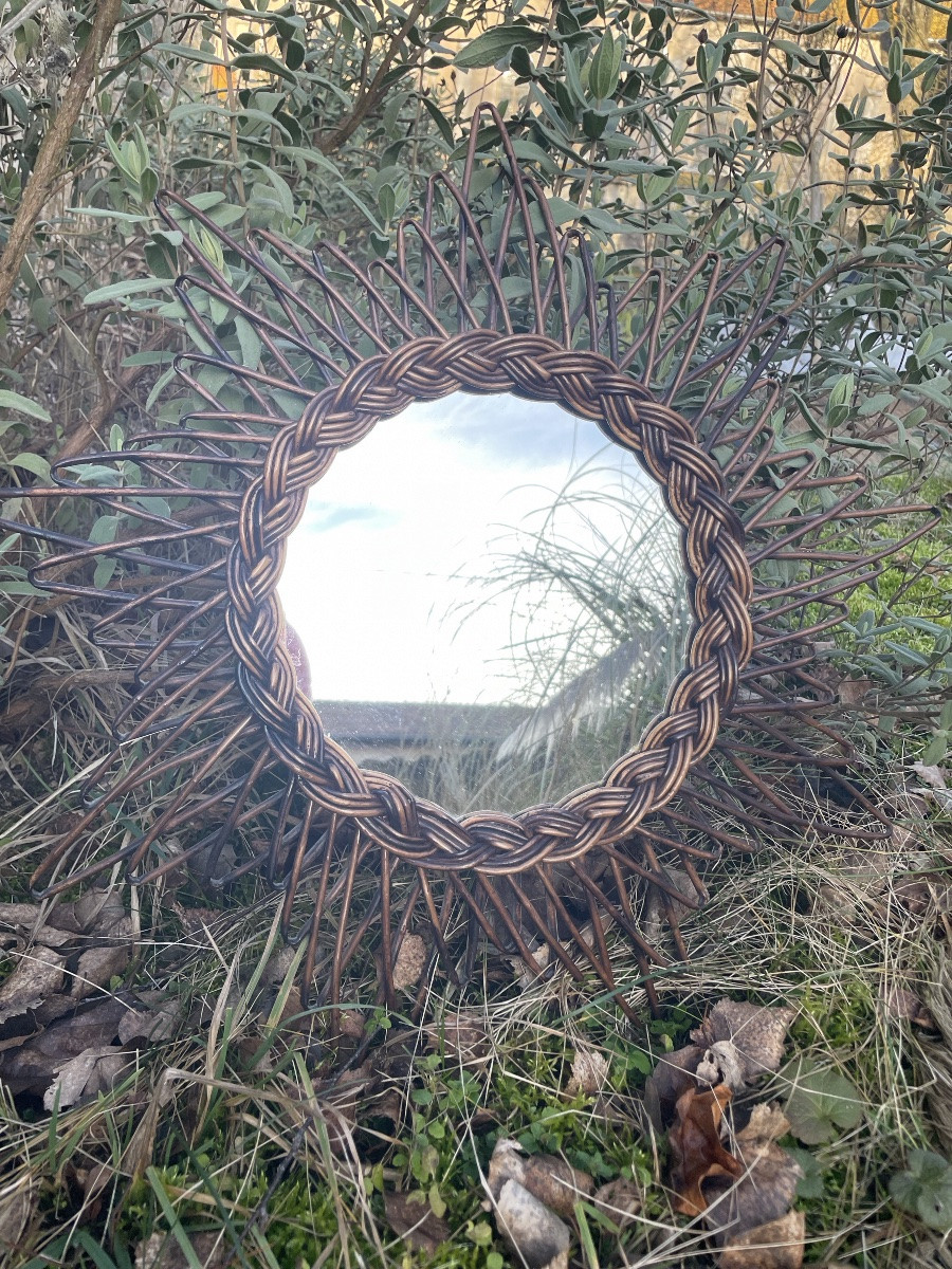 Miroir Soleil en osier tressé des années 50-photo-3