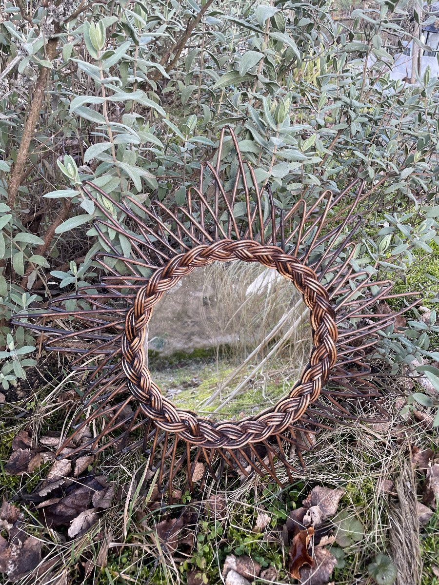 Miroir Soleil en osier tressé des années 50-photo-4