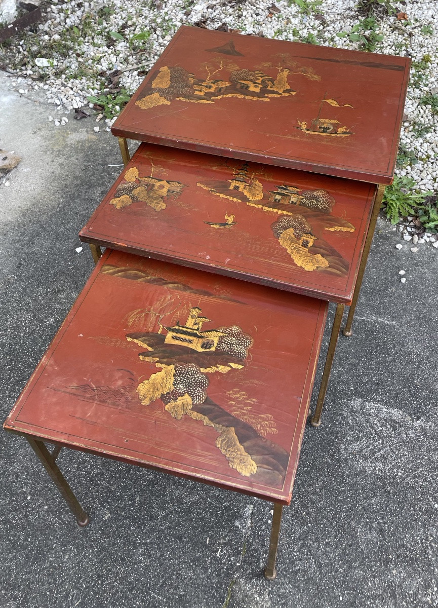 TABLES GIGOGNES DLG MAISON JANSEN  EN BRONZE DORÉ et PLATEAUX  LAQUE DE CHINE-photo-7