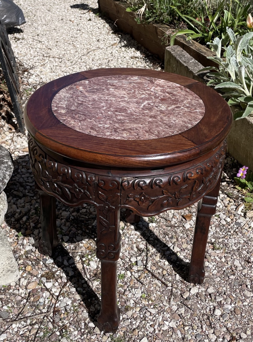SELLETTE CHINOISE BOIS EXOTIQUE SCULPTÉ ET MARBRE-photo-2