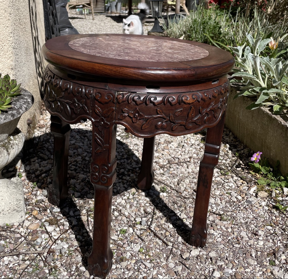 SELLETTE CHINOISE BOIS EXOTIQUE SCULPTÉ ET MARBRE-photo-3