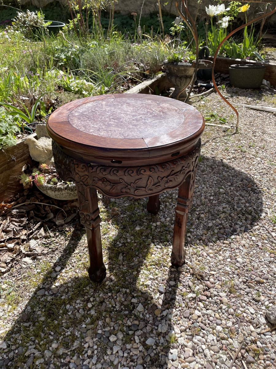 SELLETTE CHINOISE BOIS EXOTIQUE SCULPTÉ ET MARBRE-photo-2