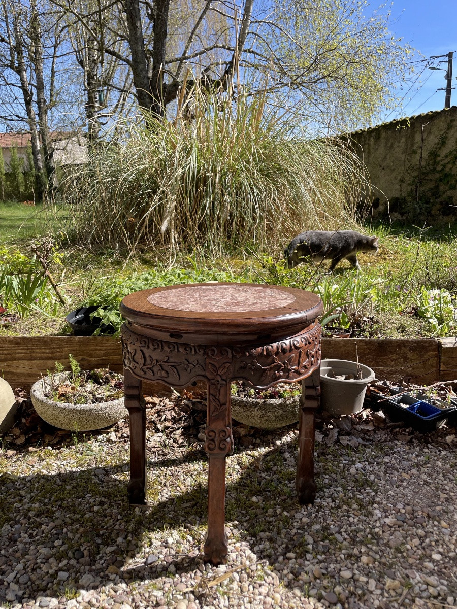 SELLETTE CHINOISE BOIS EXOTIQUE SCULPTÉ ET MARBRE-photo-5
