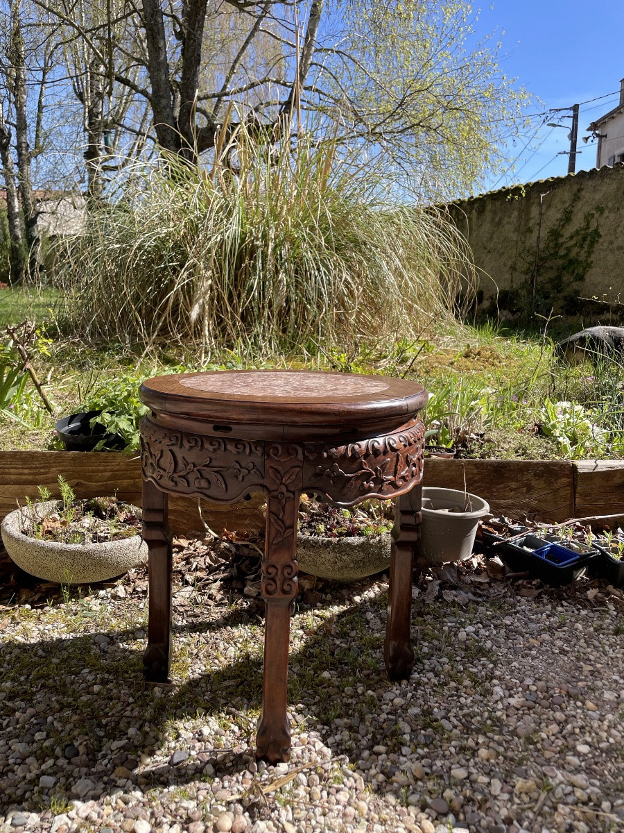 SELLETTE CHINOISE BOIS EXOTIQUE SCULPTÉ ET MARBRE-photo-6