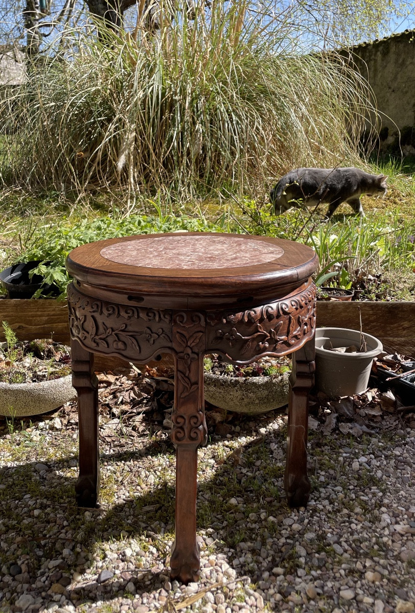 SELLETTE CHINOISE BOIS EXOTIQUE SCULPTÉ ET MARBRE