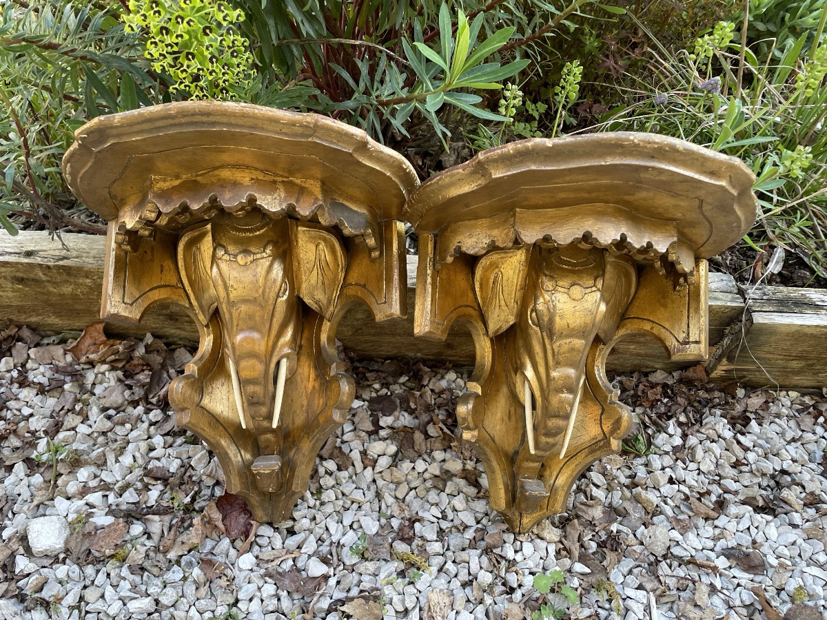 A Pair Of Gilded Wood Consoles, Elephant, Circa 1900-photo-6