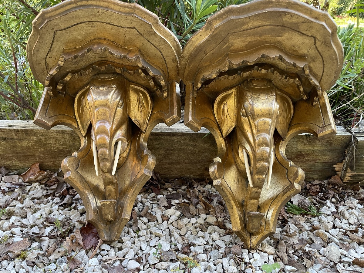 A Pair Of Gilded Wood Consoles, Elephant, Circa 1900-photo-7