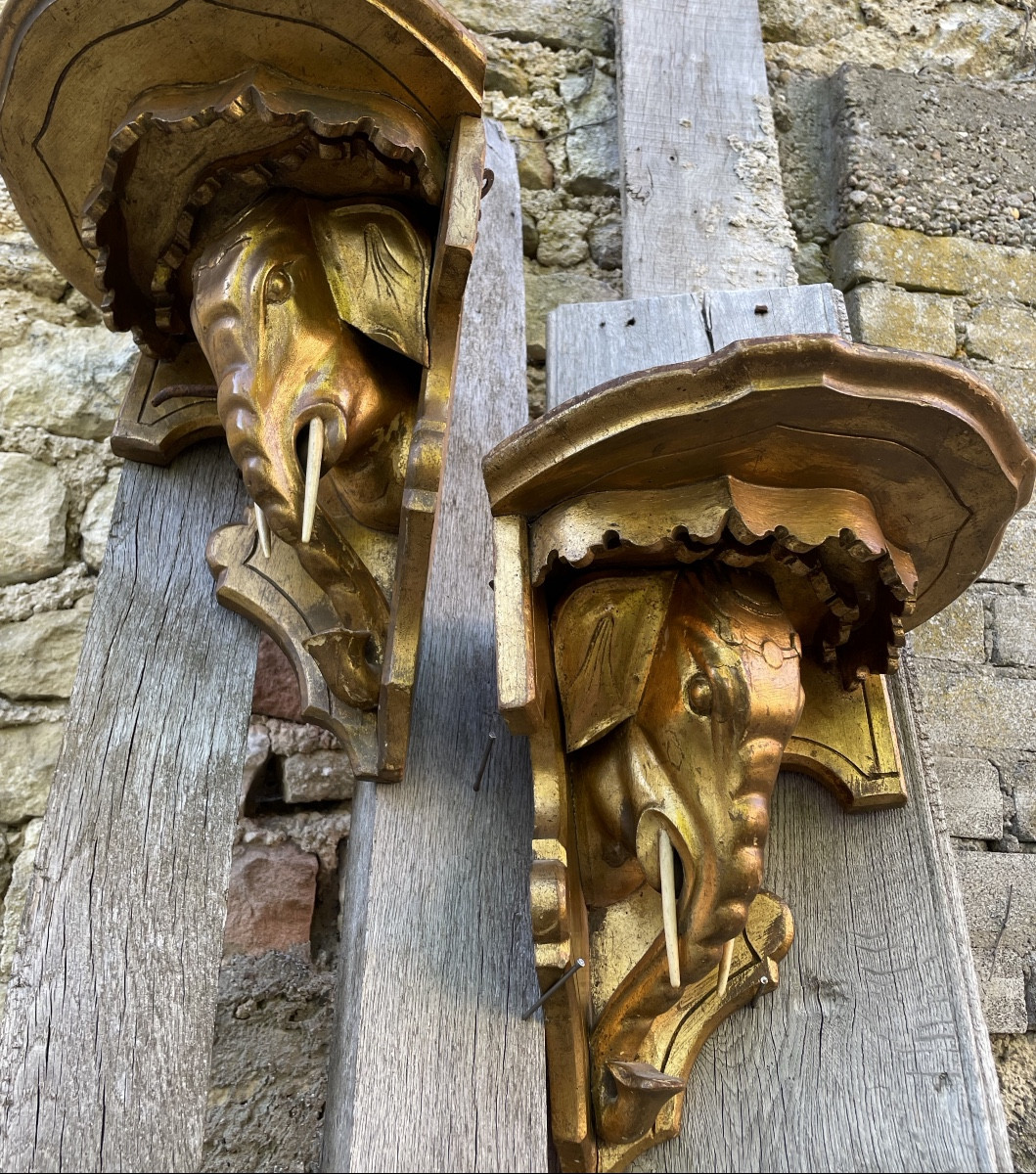 A Pair Of Gilded Wood Consoles, Elephant, Circa 1900