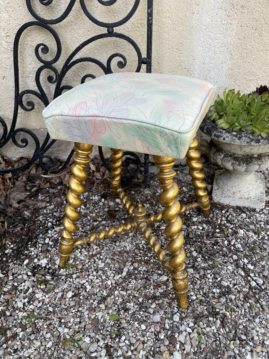 Pouf Tabouret In Turned And Gilded Wood . Circa 1880-photo-3