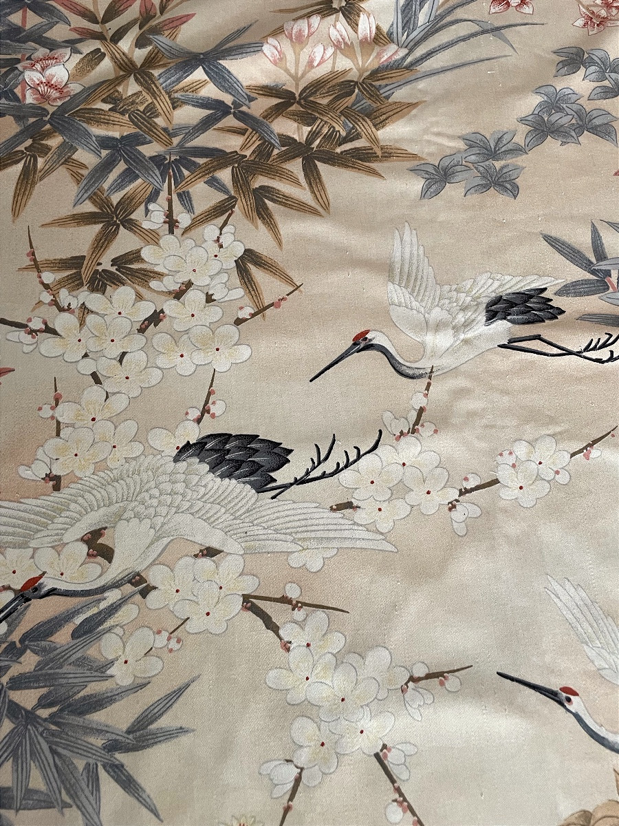 Pair Of Japanese Curtains With Cranes In Flight