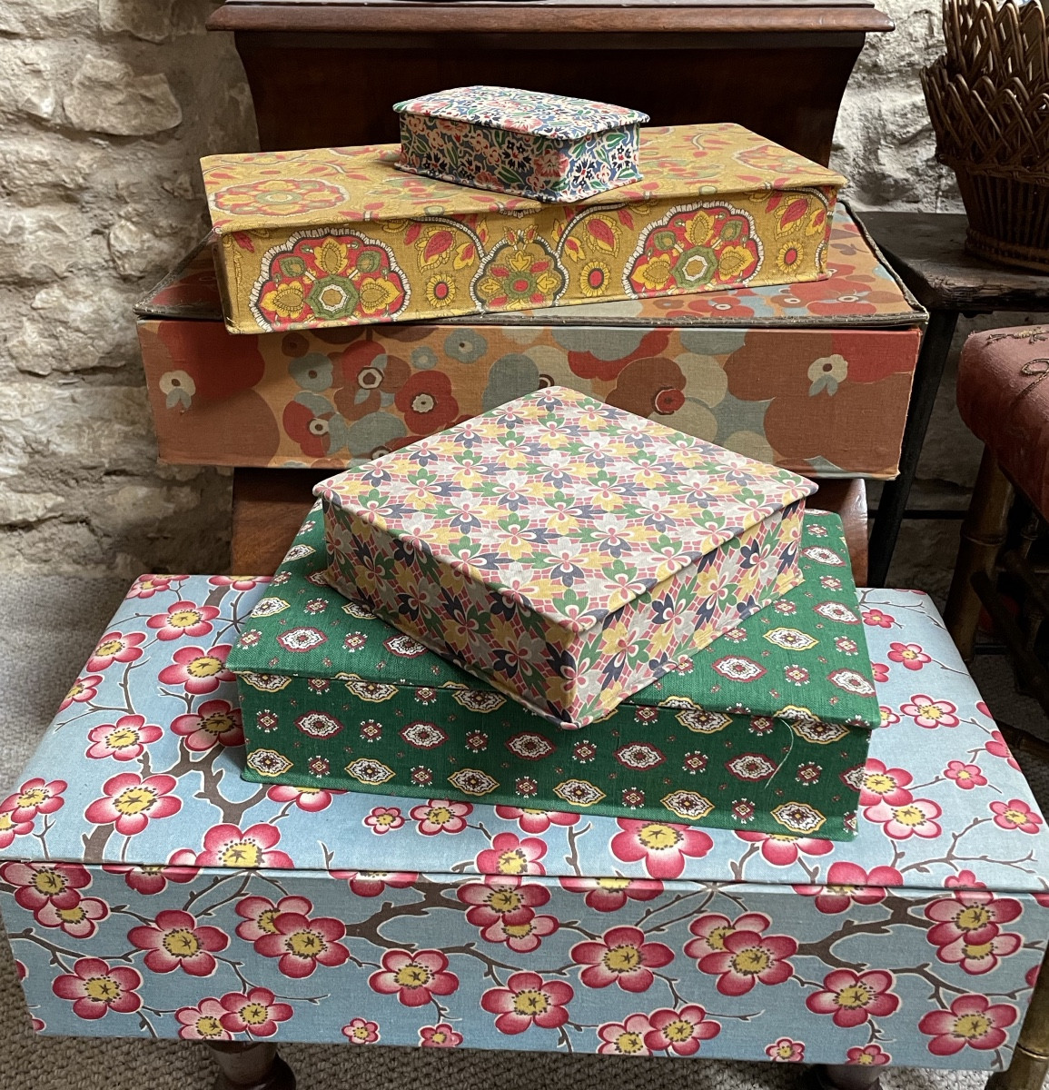 Set Of Antique Fabric Boxes