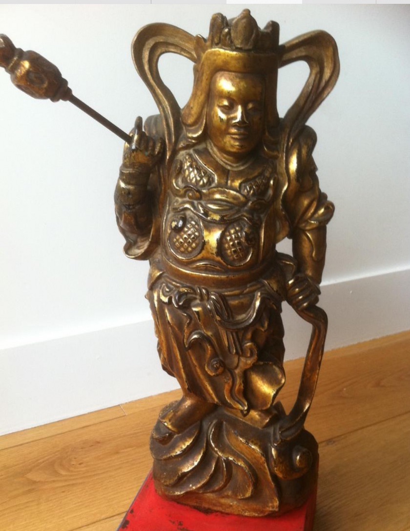 GARDIEN DE TEMPLE , XIXÉME , EN BOIS DORÉ