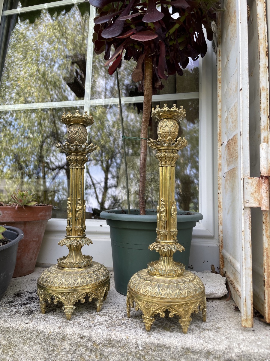 The Pair Of Imposing Neo-gothic Gilded Bronze Candelabras -photo-2