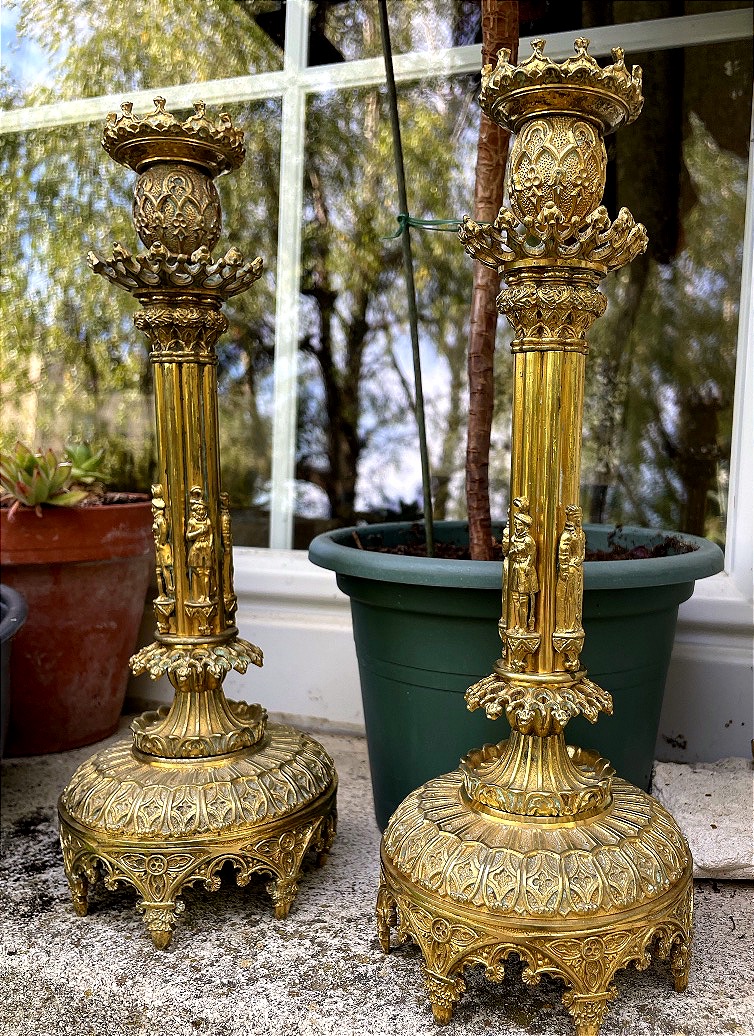 The Pair Of Imposing Neo-gothic Gilded Bronze Candelabras 