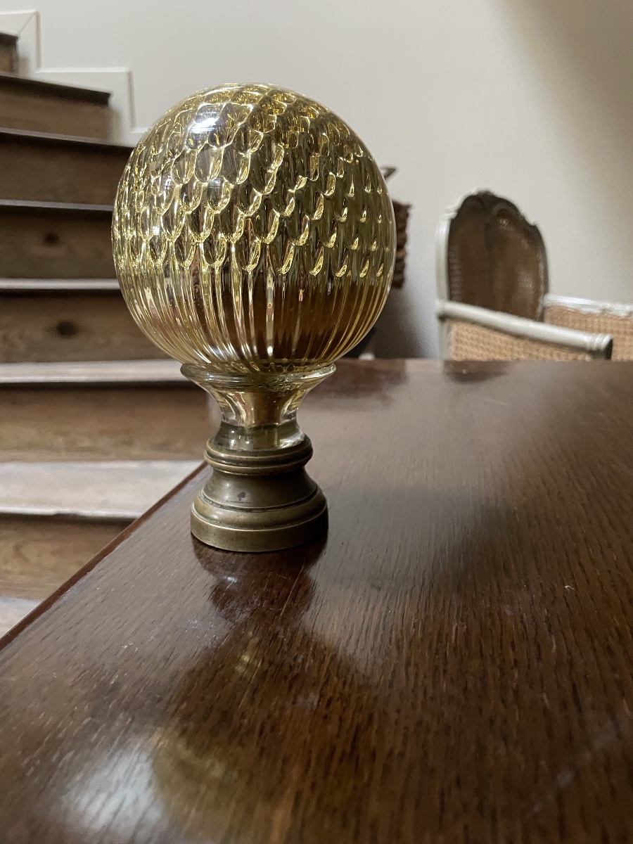 Baccarat – Boule De Rampe D’escalier En Cristal , XIXe Siècle, Nid D’abeille  Socle En Bronze-photo-2