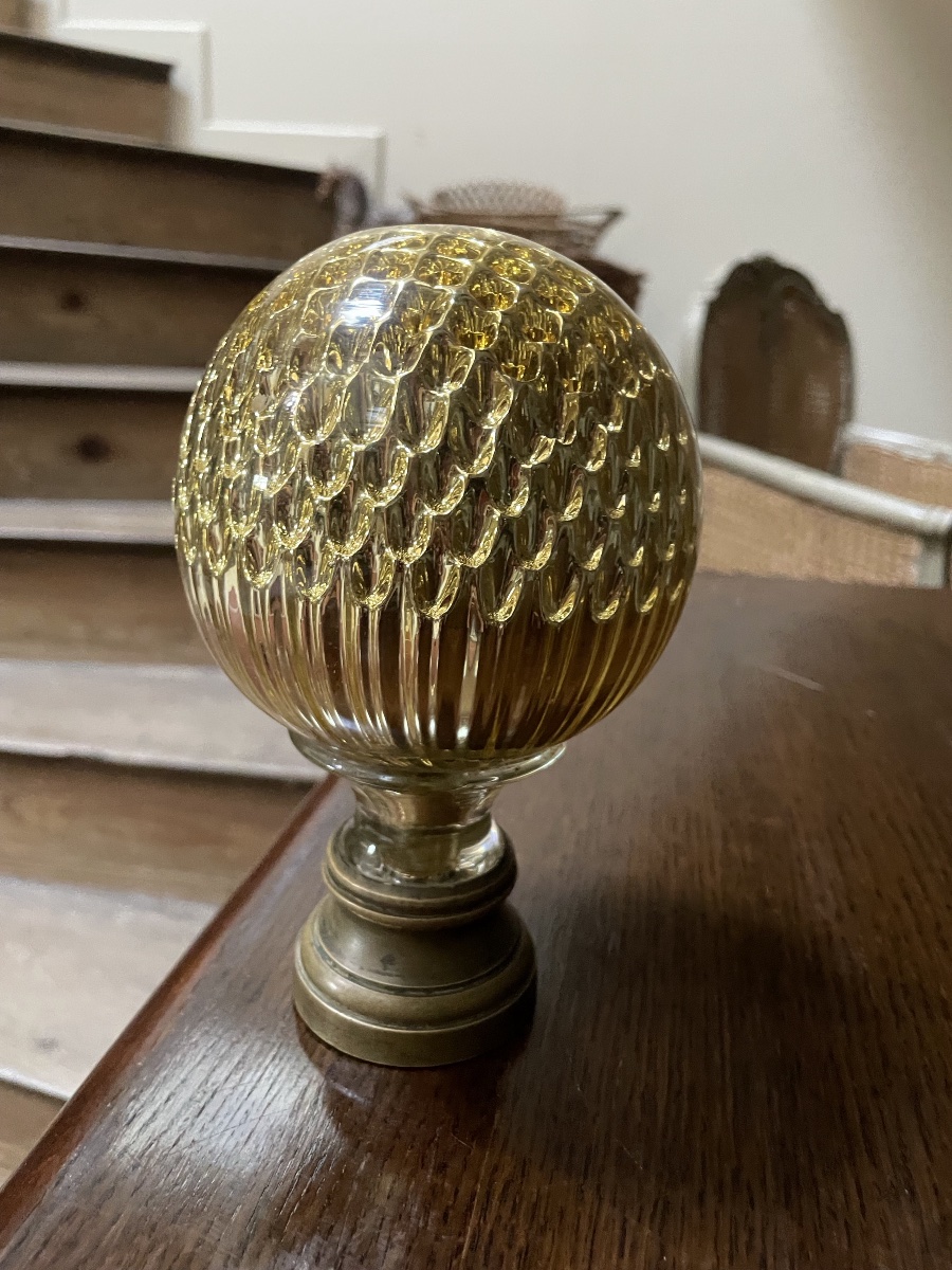 Baccarat – Boule De Rampe D’escalier En Cristal , XIXe Siècle, Nid D’abeille  Socle En Bronze-photo-4