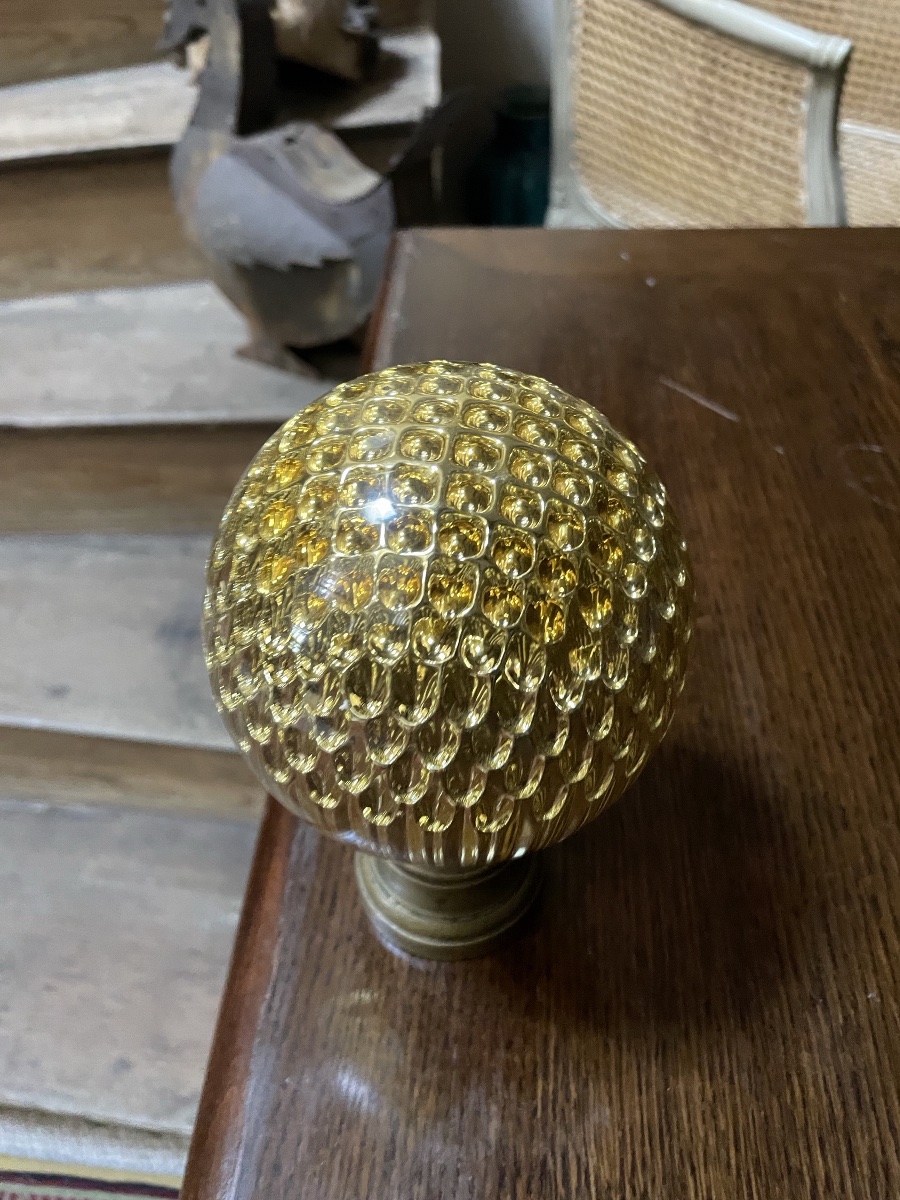 Baccarat – Boule De Rampe D’escalier En Cristal , XIXe Siècle, Nid D’abeille  Socle En Bronze-photo-3