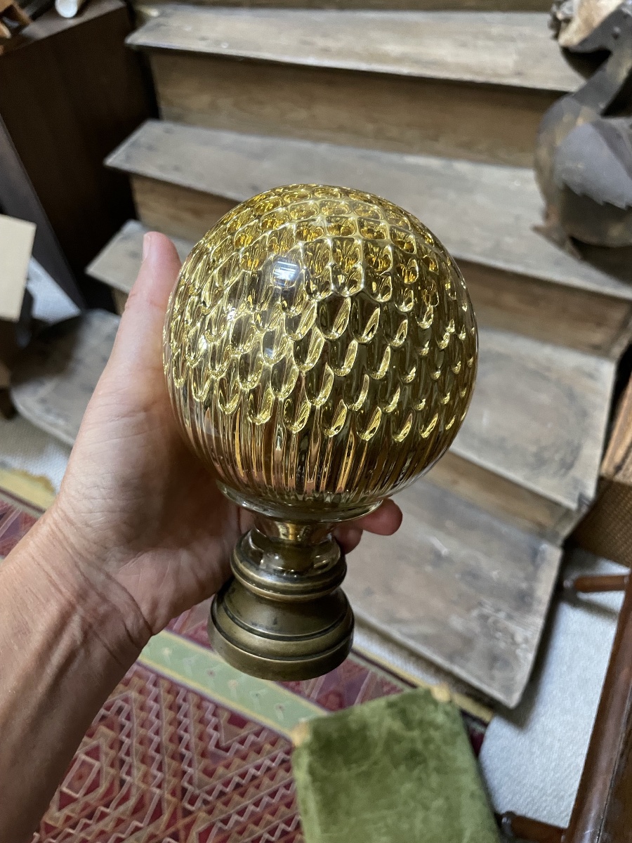 Baccarat – Boule De Rampe D’escalier En Cristal , XIXe Siècle, Nid D’abeille  Socle En Bronze-photo-4