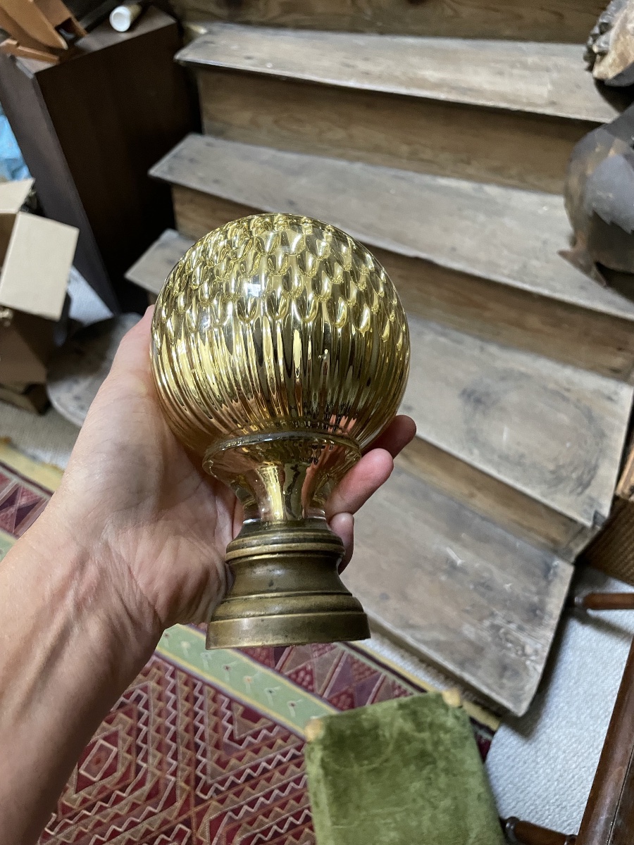 Baccarat – Boule De Rampe D’escalier En Cristal , XIXe Siècle, Nid D’abeille  Socle En Bronze-photo-6