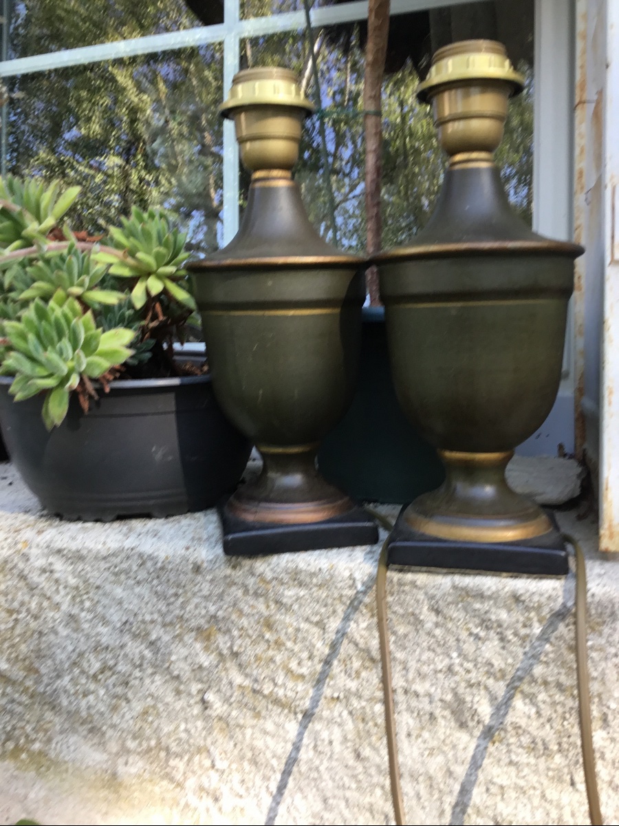 La paire de petites lampes en tôle verte et liseret doré -photo-2