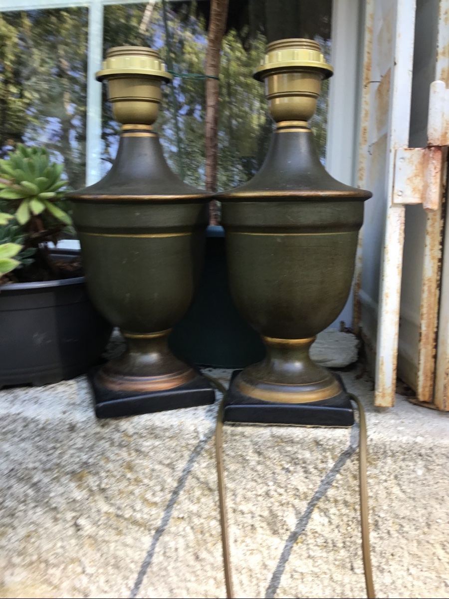 La paire de petites lampes en tôle verte et liseret doré -photo-3