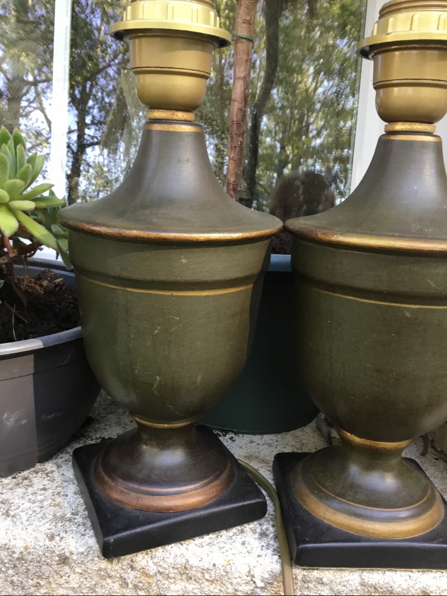 La paire de petites lampes en tôle verte et liseret doré -photo-4