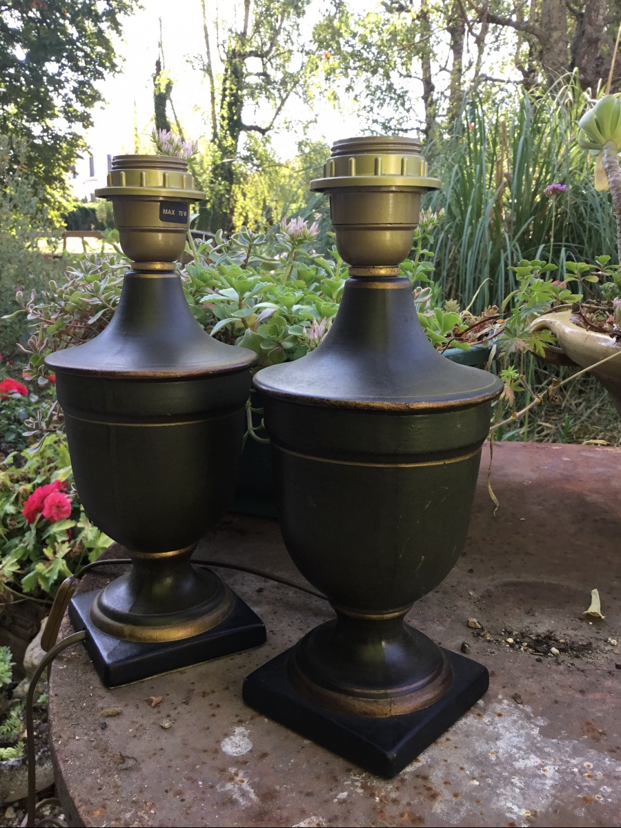 La paire de petites lampes en tôle verte et liseret doré -photo-5